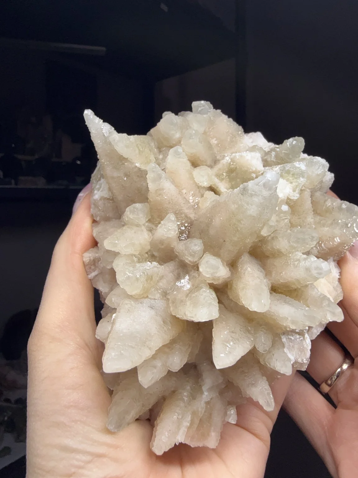 Natural feathered dogtooth calcite specimen showing its clustered crystal texture