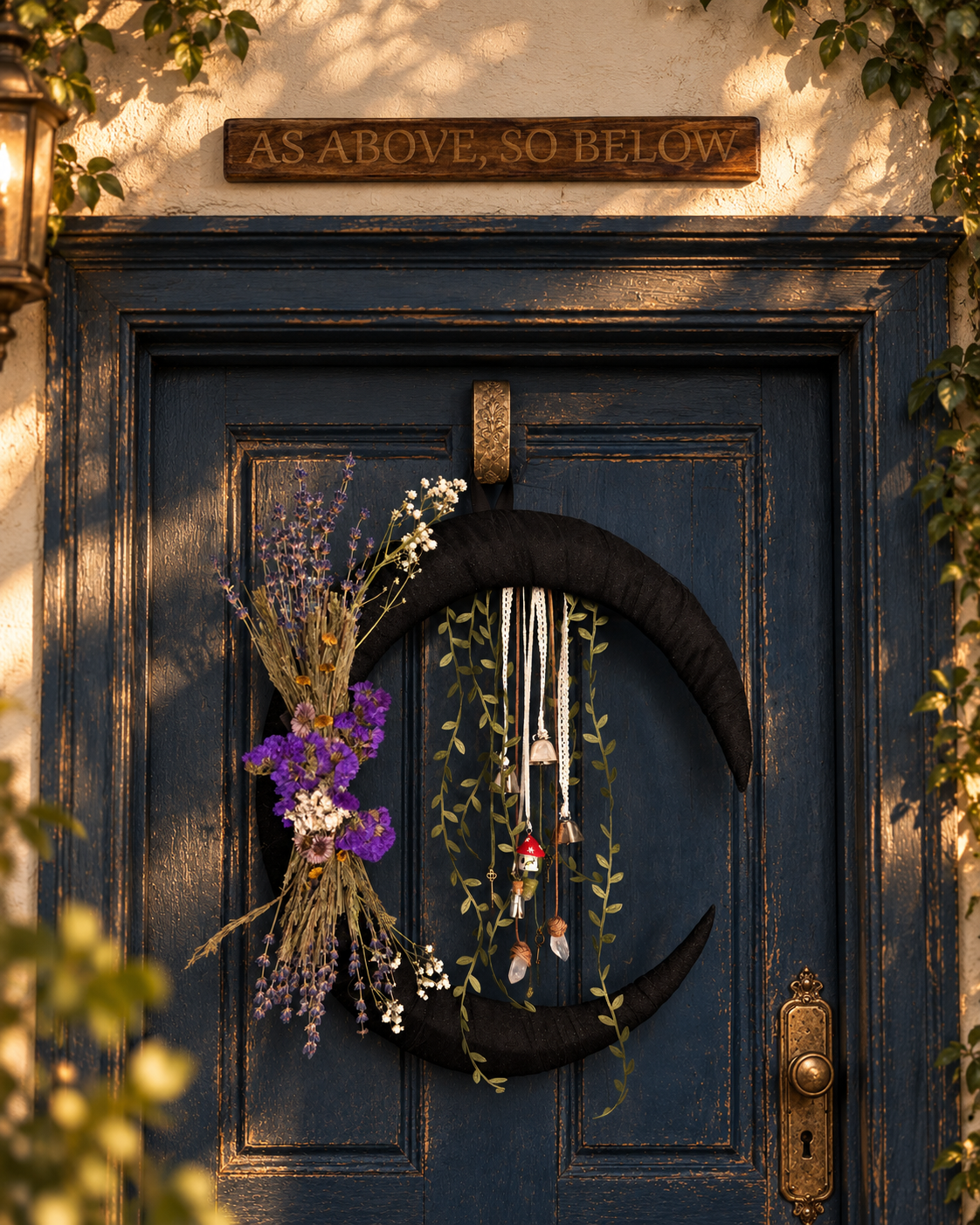 Engraved wooden sign displayed above a dark blue door with a crescent wreath.