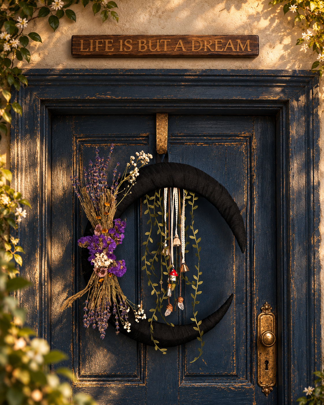 Wooden doorframe sign above a blue door styled with a botanical crescent wreath.