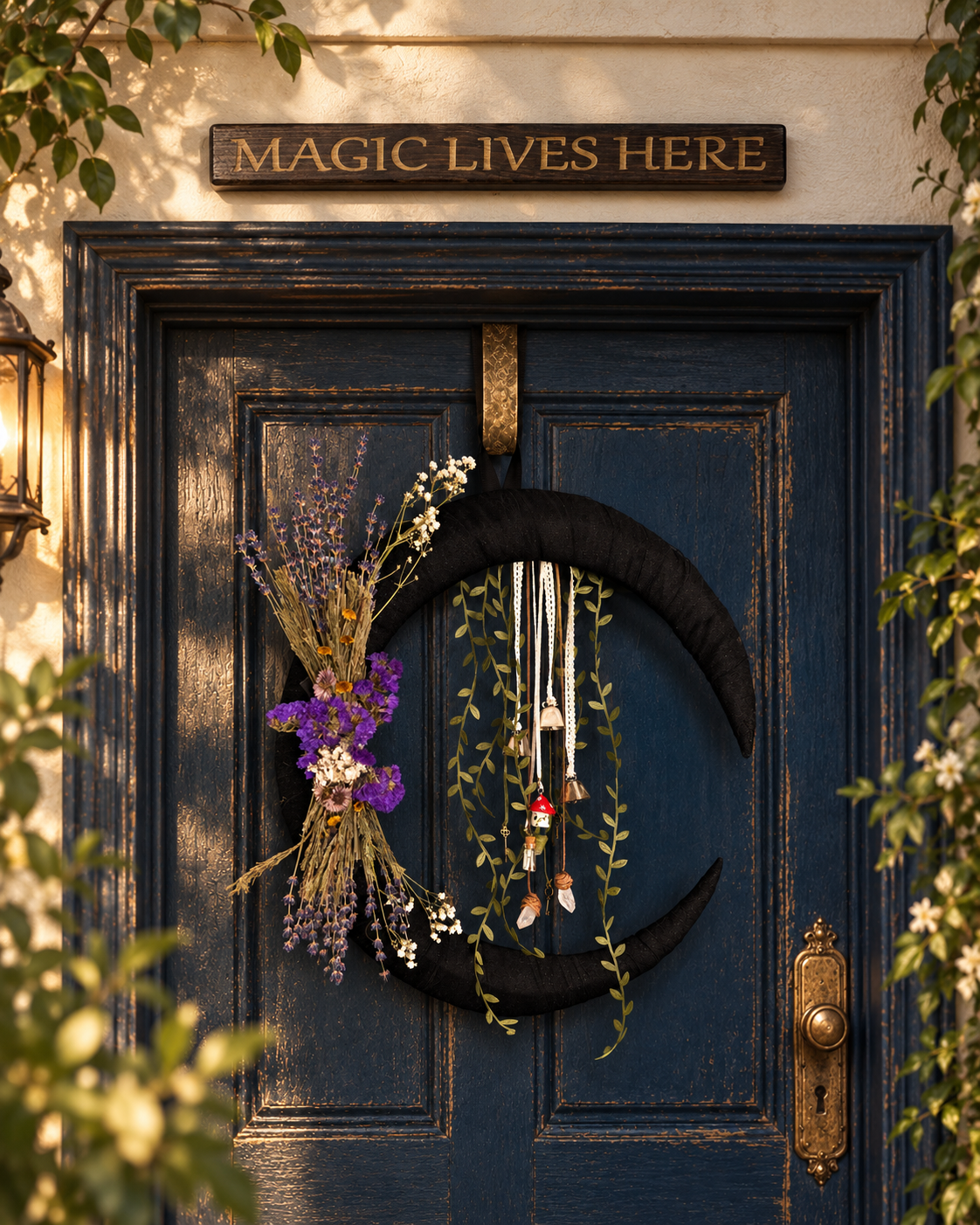 Magic Lives Here engraved wooden sign displayed above a dark blue doorway.