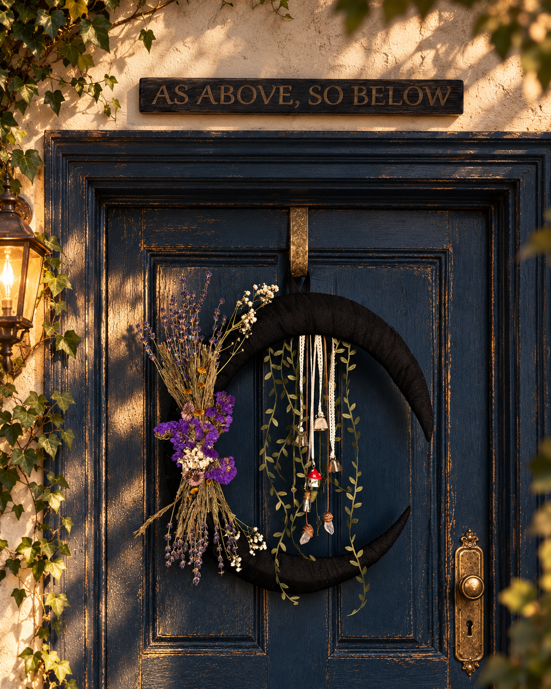 As Above, So Below wooden sign resting above a blue door with a crescent wreath.