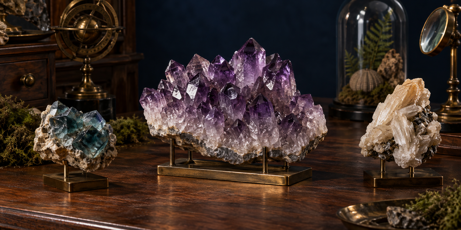 Natural crystal specimens displayed in an old-world collector’s cabinet