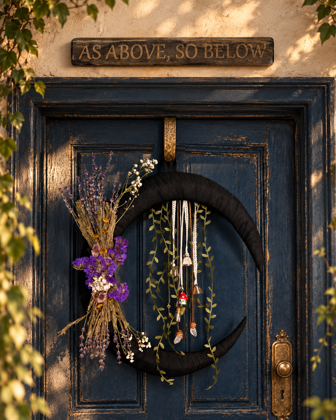 As Above, So Below engraved wood sign above a blue door and botanical wreath.