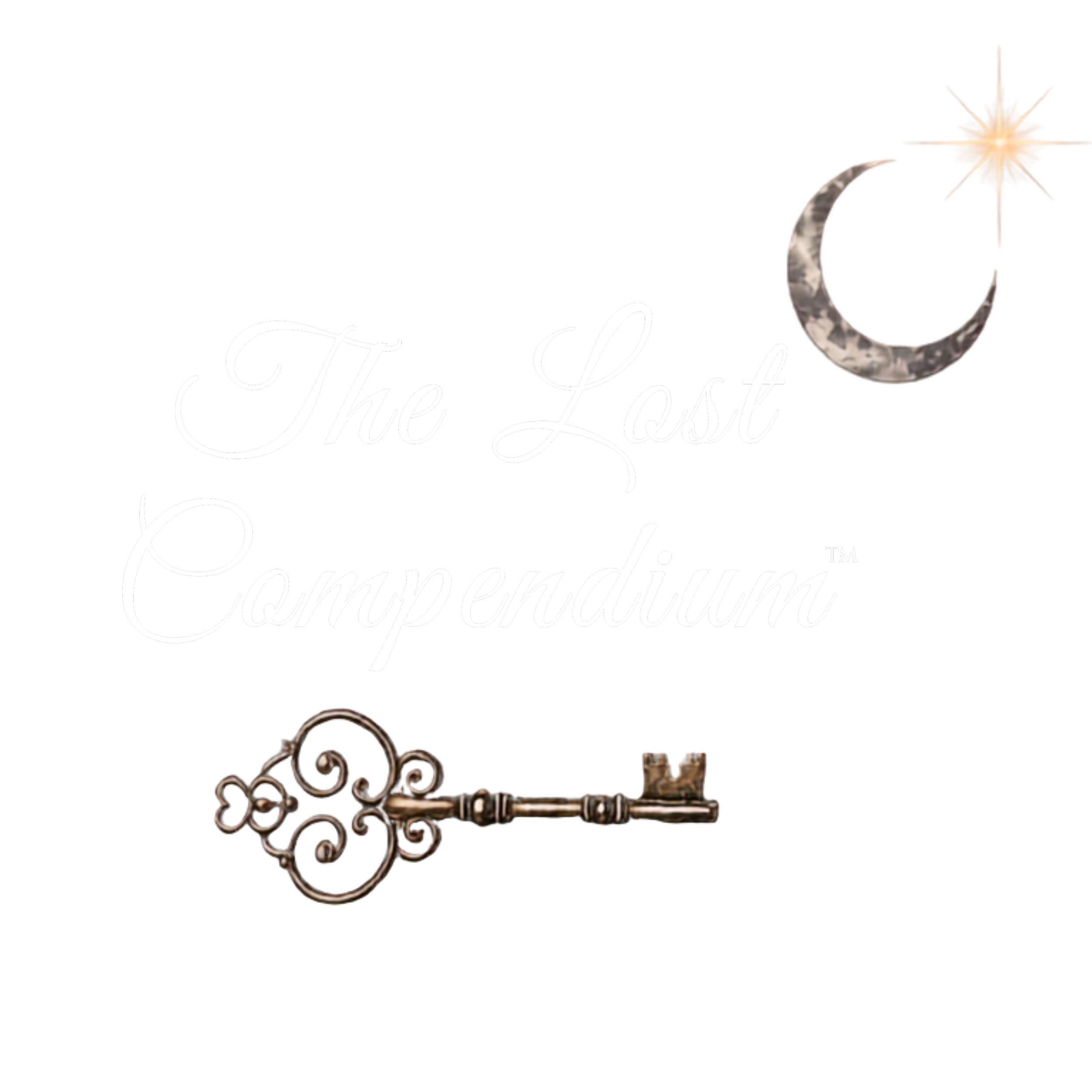 A decorative black background featuring the phrase "The Lost Compendium" written in elegant white script font. There is a prominent crescent moon and a bright star at the top right, with an ornate, vintage-style key at the bottom.