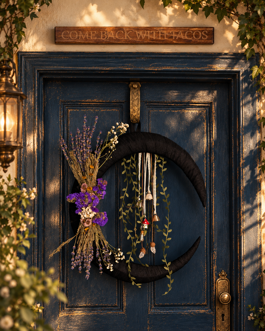 Hand-stained wooden sign displayed along the top of a dark blue doorframe.