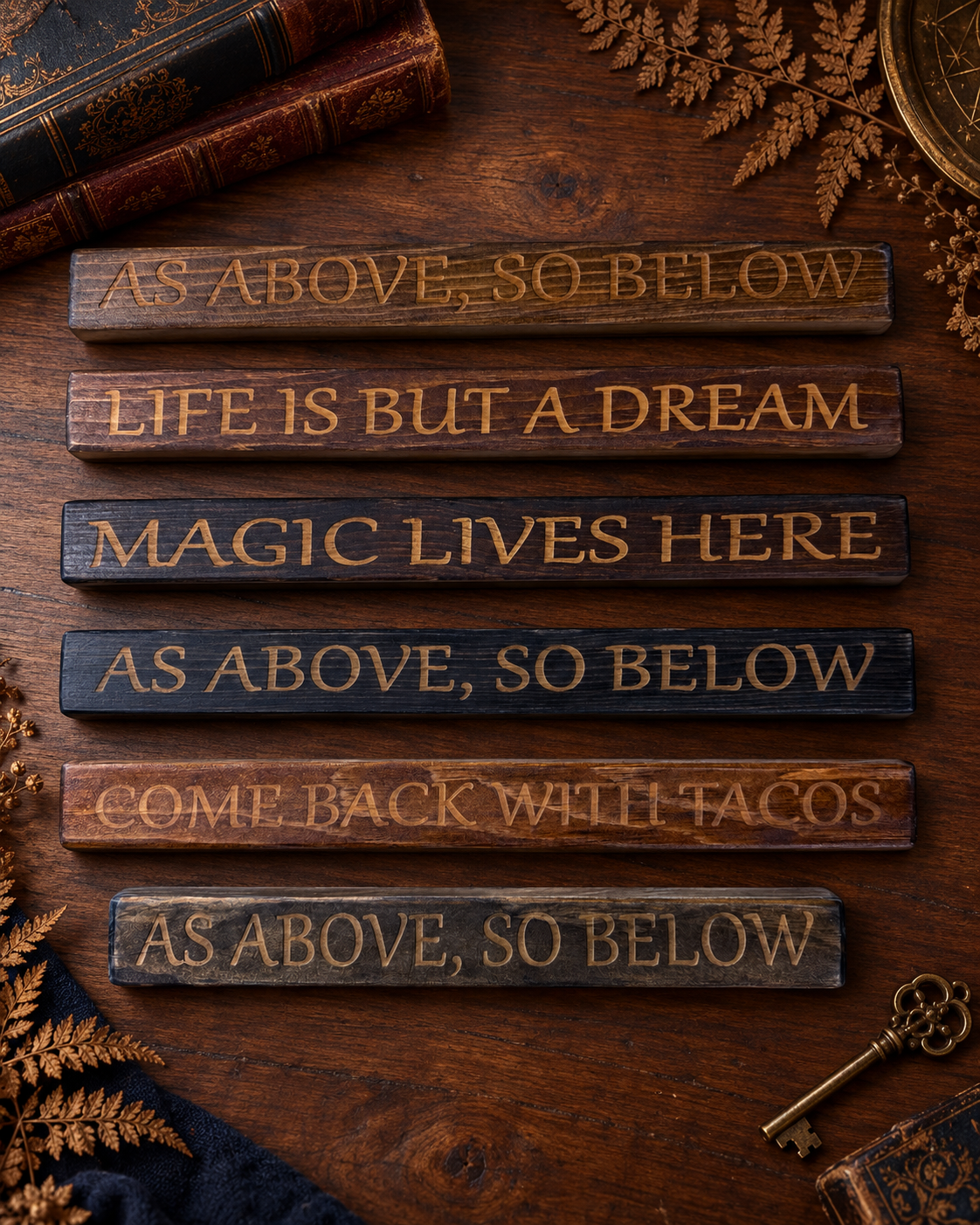Hand-stained wooden doorframe signs with engraved sayings arranged together.