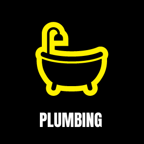 Yellow outline of a bathtub with a shower on a black background, with the word 'PLUMBING' underneath.