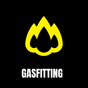 A black background with a yellow flame icon and the word "GASFITTING" written below in white.