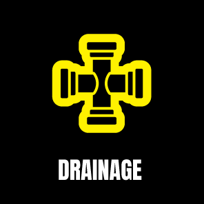 A yellow drain pipe fitting illustration on a black background with the word 'DRAINAGE' below.
