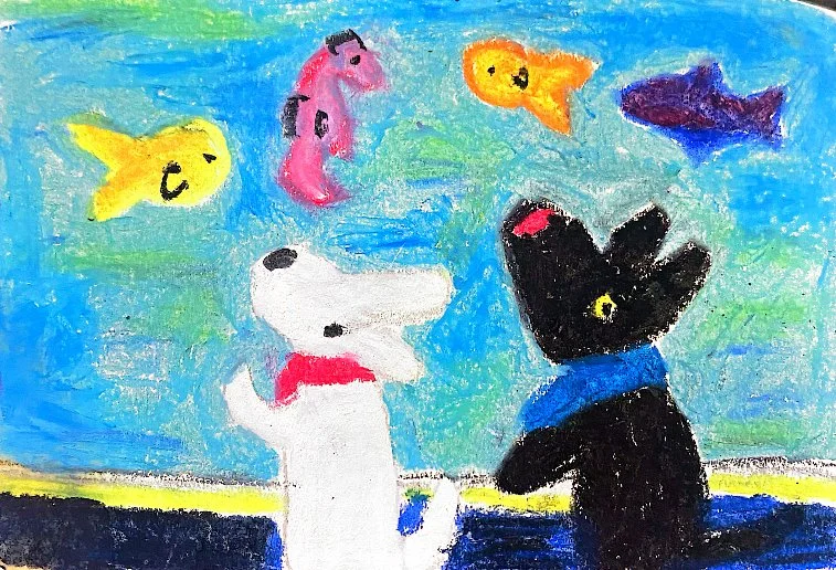 Gaspard et Lisa at the aquarium, 2021, Oil Pastel