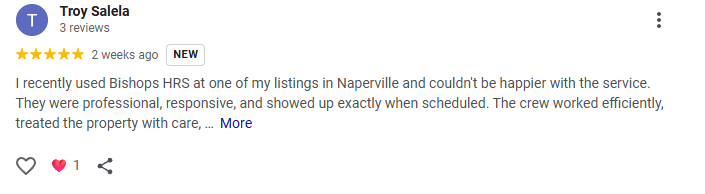 Screenshot of a five-star review for Bishop's HRS by Troy Salela, praising their professional and responsive service in Naperville.