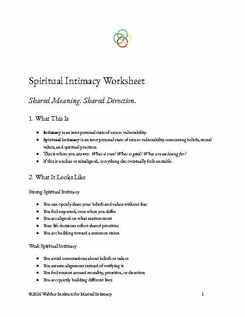 Spiritual Intimacy Worksheet: Shared Meaning. Shared Direction.