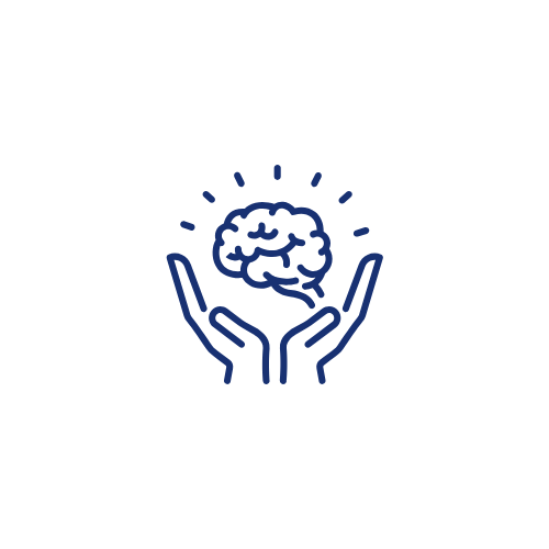 Simple line drawing of two hands holding a smiling brain with radiating lines around it.
