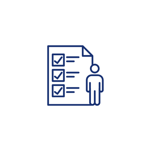 Icon of a person standing next to a checklist on a piece of paper.