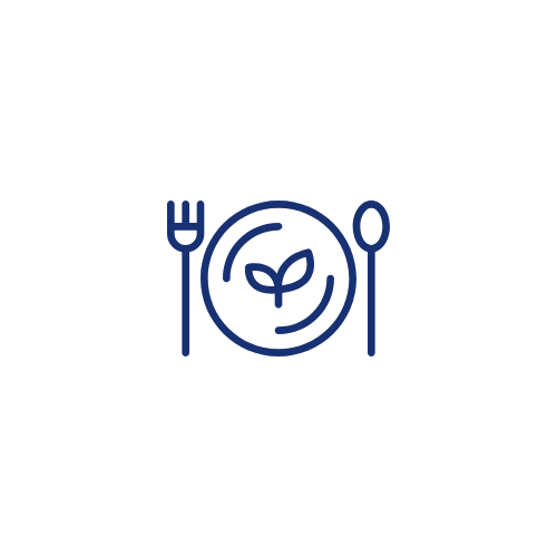 A simple line drawing of a dinner plate with a leaf in the center, a fork on the left, and a spoon on the right, suggesting a focus on healthy or plant-based eating.
