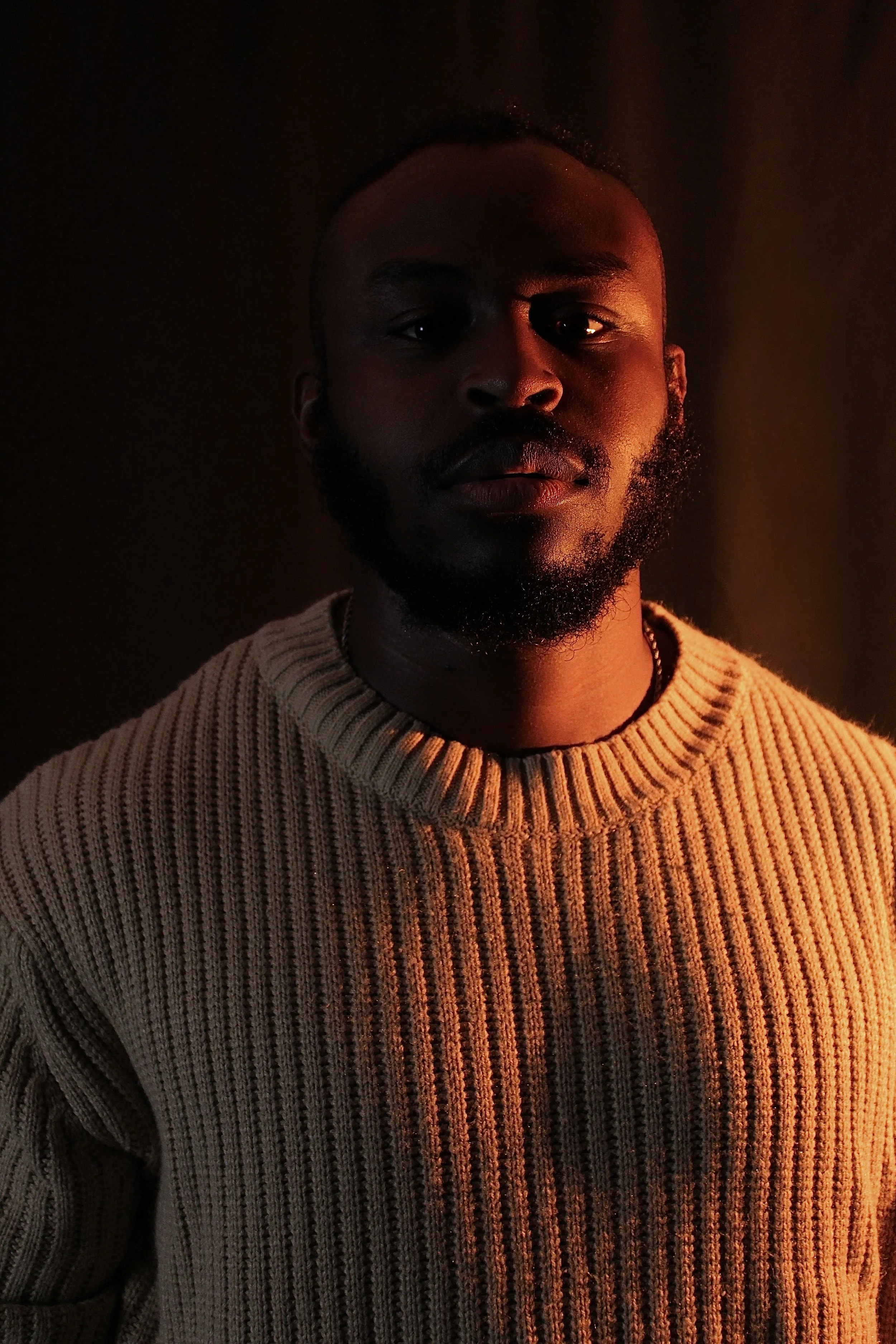 A close-up portrait of a man with a beard and short hair, wearing a beige ribbed sweater, illuminated by warm light.