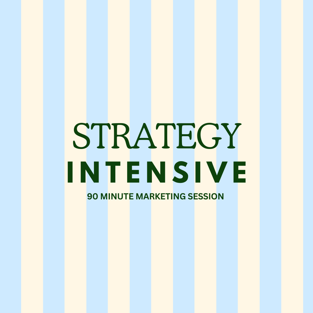 Text on a striped background reads 'Strategy Intensive - 90 Minute Marketing Session'.