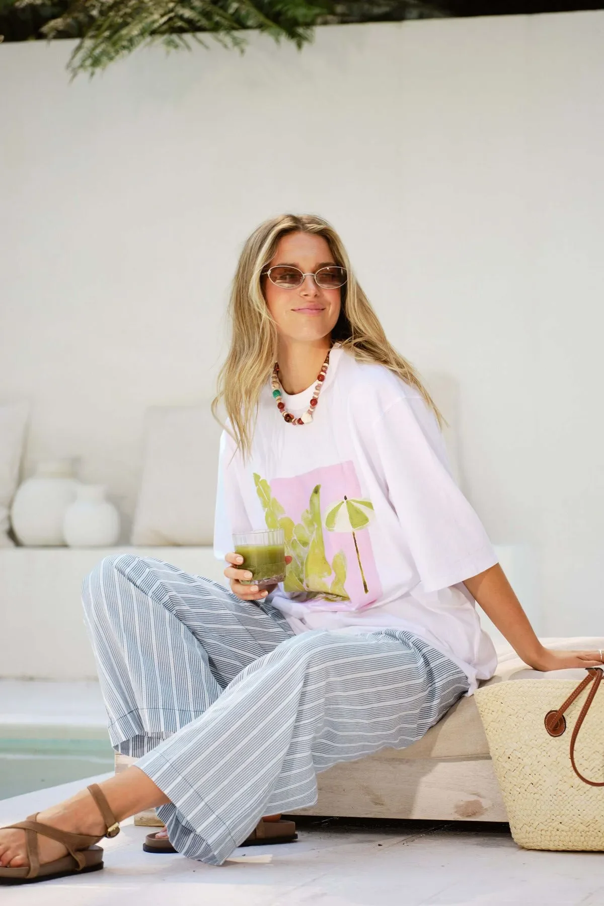 Liv Oversized Tee - White Coastal Leaves