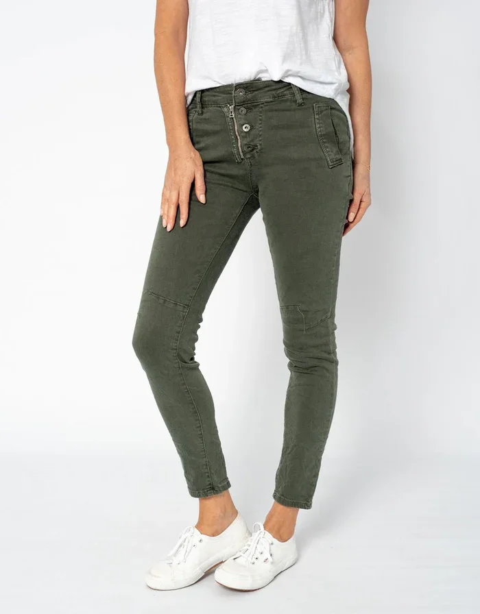Italian Star Button Zip Jean- Khaki