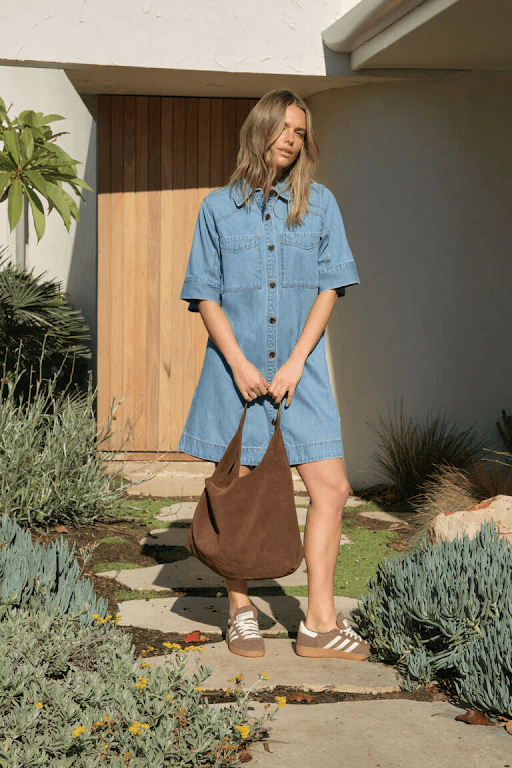 Short Sleeve Yoke Detail Mini Dress - Vintage Blue