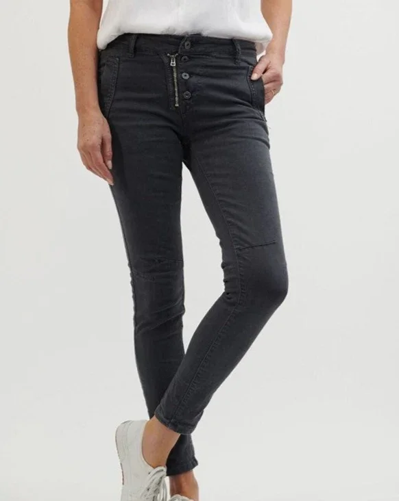 Italian Star Button Zip Jean- Charcoal