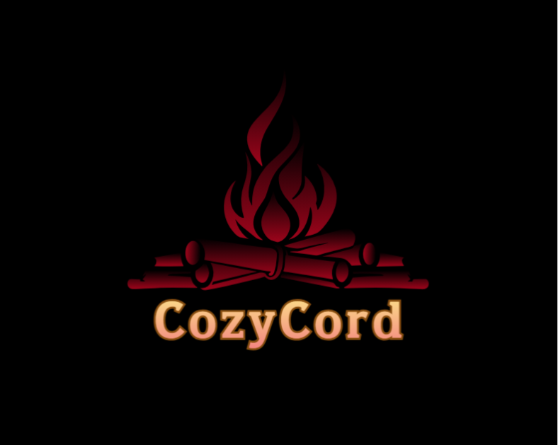 A logo featuring a campfire with burning logs and flames, and the text "CozyCord" below in warm colors.