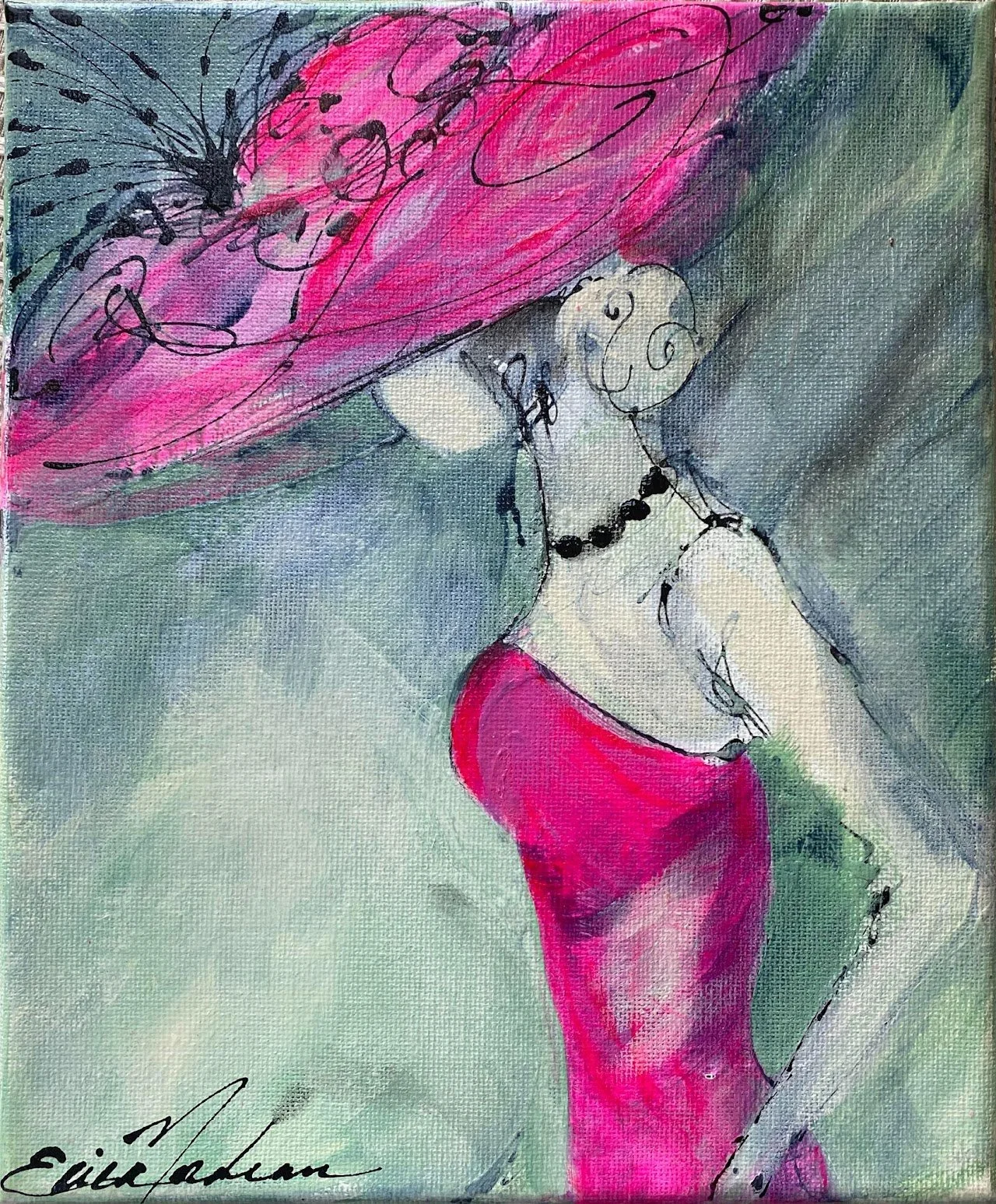 A fashion illustration of a woman wearing a large pink hat with black accents, a black necklace, and a strapless pink dress, posed with her hand on her hip. The background is a mix of soft green and blue shades.