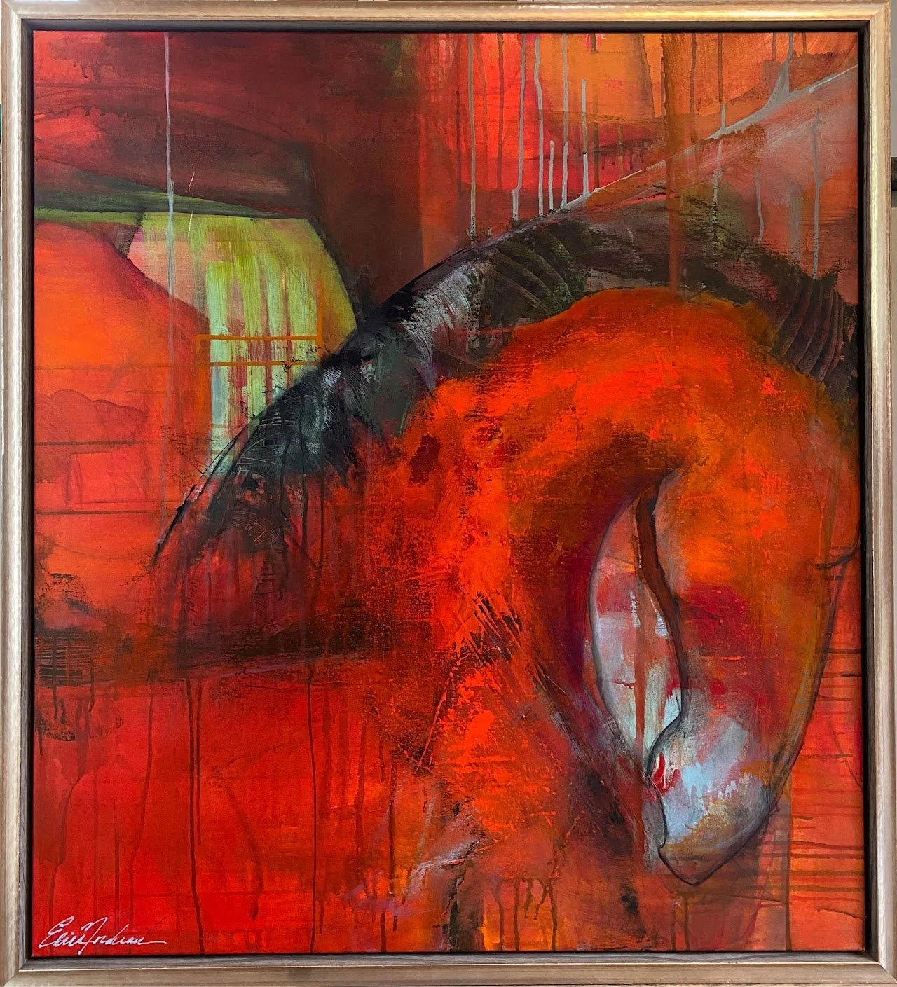 An abstract painting featuring warm red and orange tones with black accents, depicting a human face in profile with a focus on the eye and brow, signed by the artist in the bottom left corner.