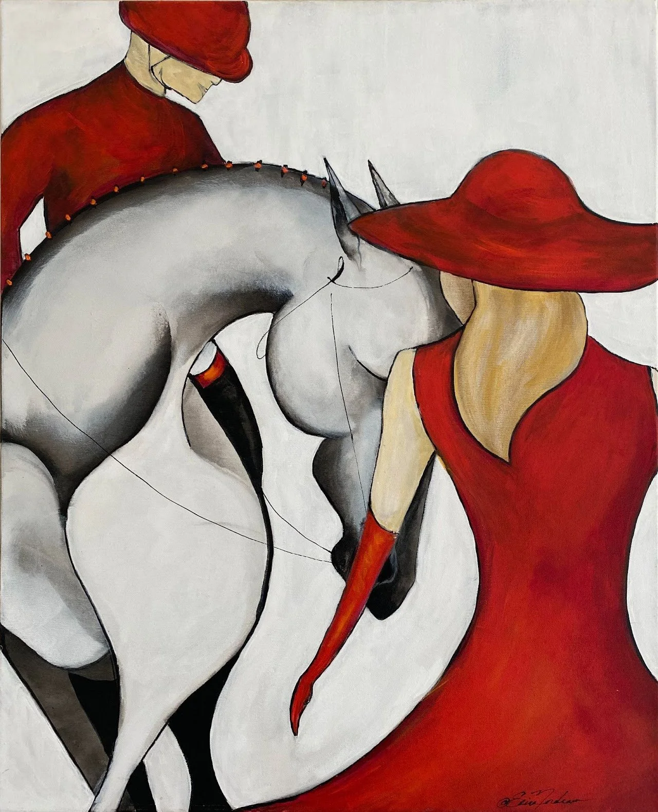 A painting of two women with large red hats and red dresses, one facing away and one slightly turned, with a stylized horse in between them.