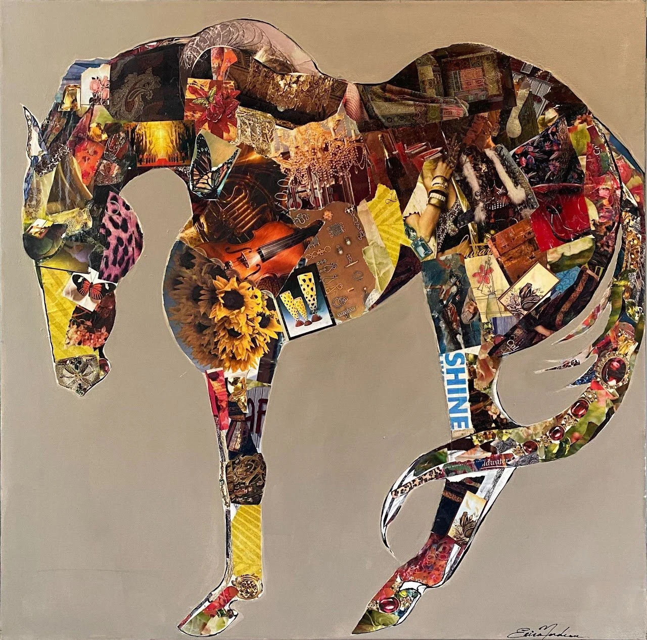 A collage of various images arranged in the shape of a horse, featuring objects like a violin, flowers, jewelry, butterflies, and other colorful items.
