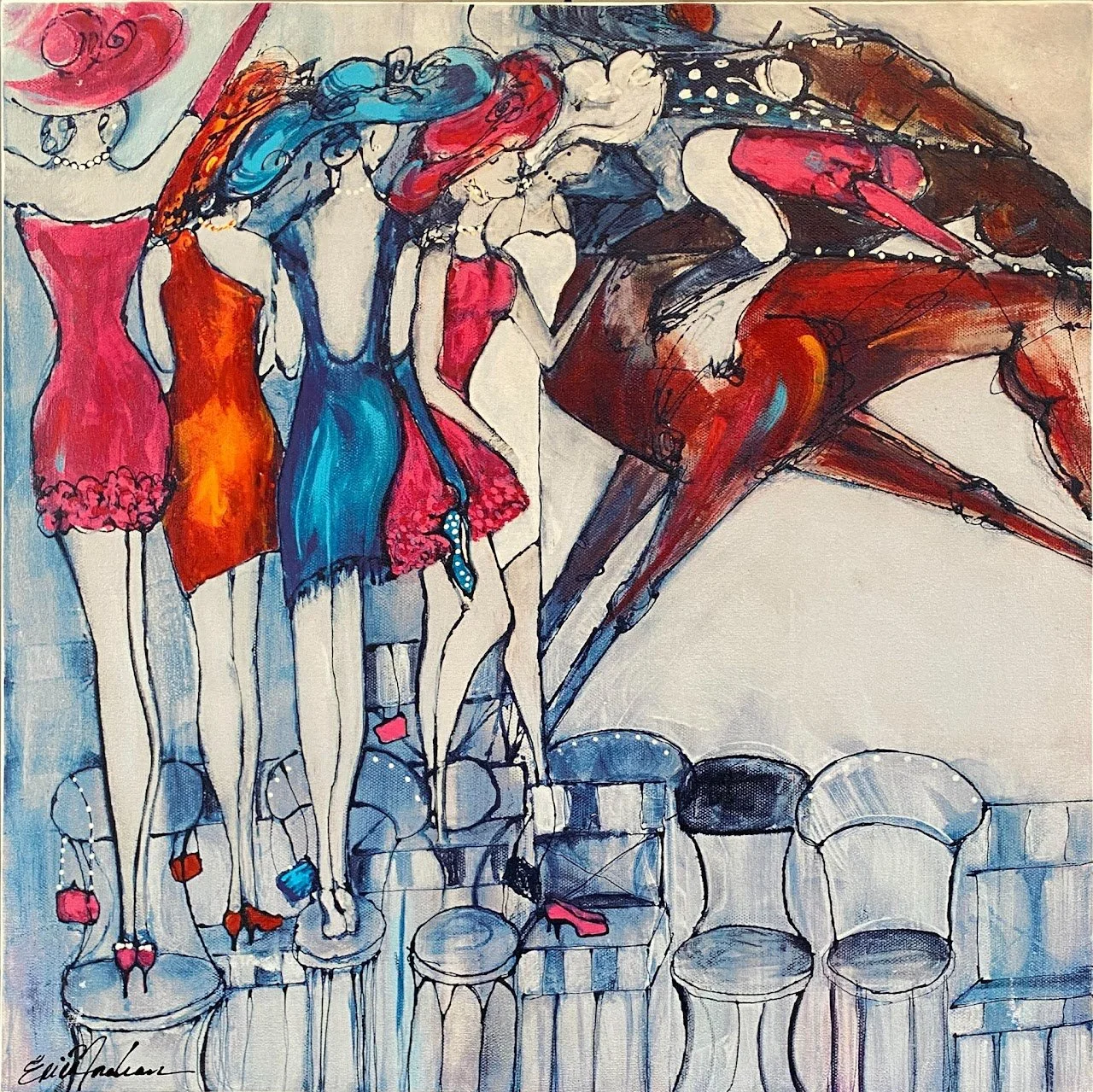 An abstract painting of four women in colorful dresses standing on a row of chairs, playing a grand piano with a red and brown color scheme.