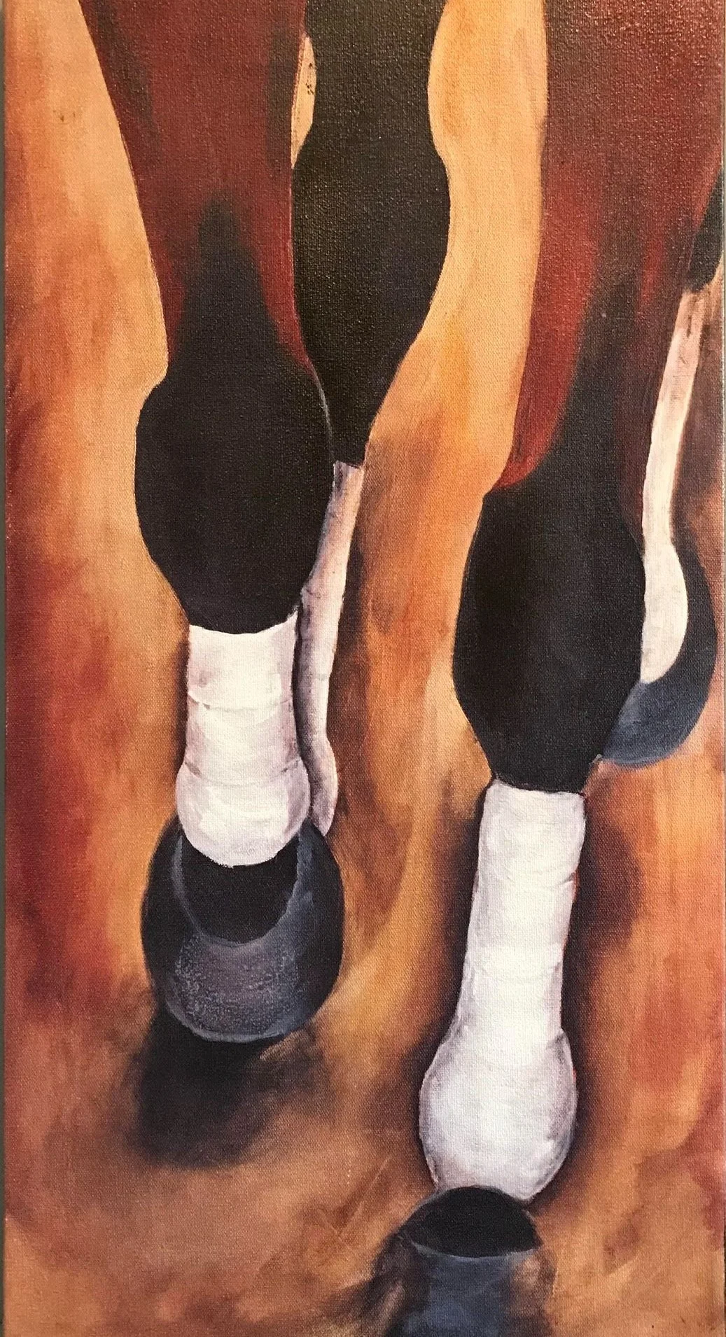 An abstract painting of two women practicing yoga on a wooden floor, viewed from above. The women are dressed in black and white athletic wear.