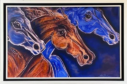 Abstract painting of three horse heads with vibrant blue and orange colors.