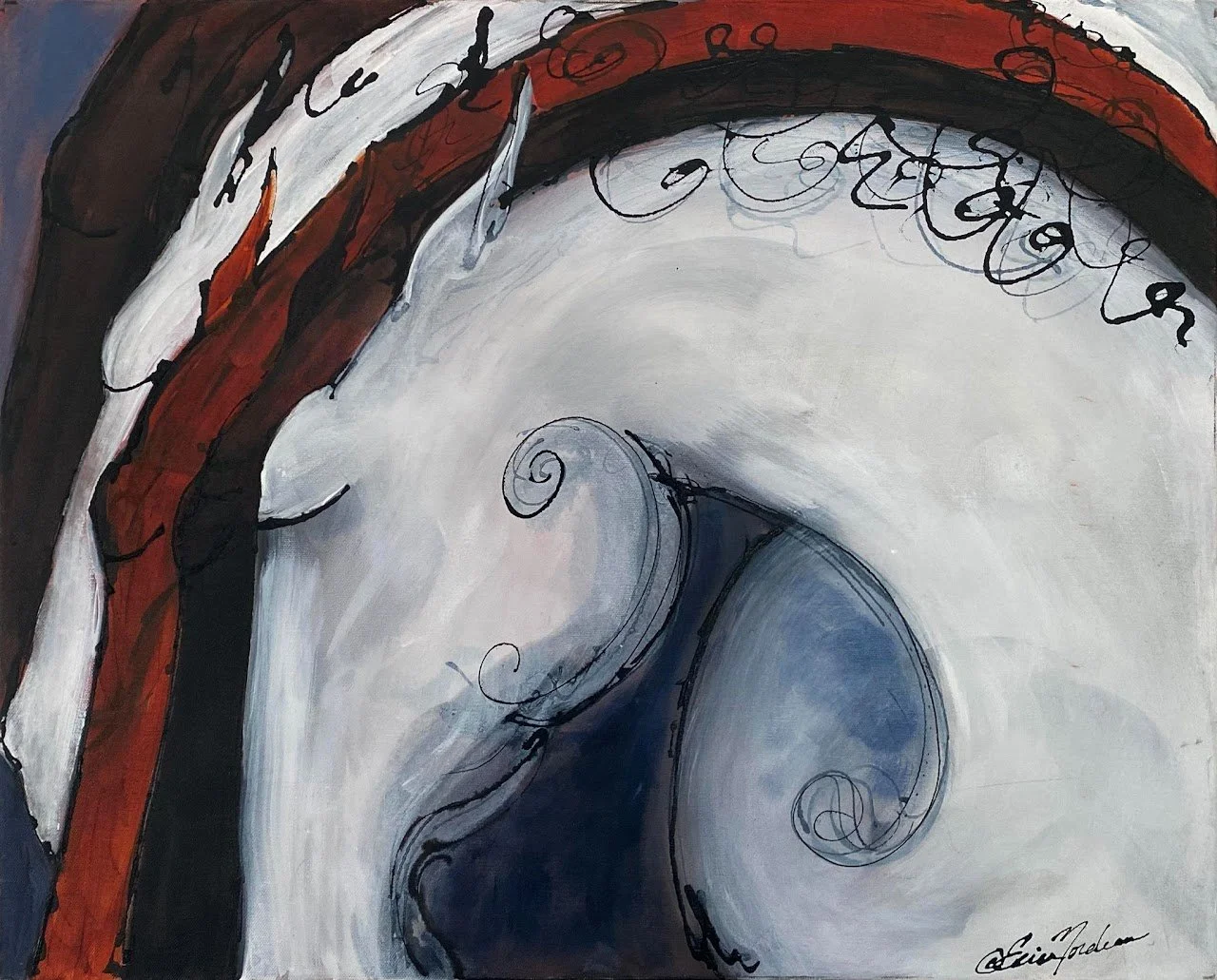 Abstract painting with swirling shapes, black, white, blue, and brown colors, and script-like lines.