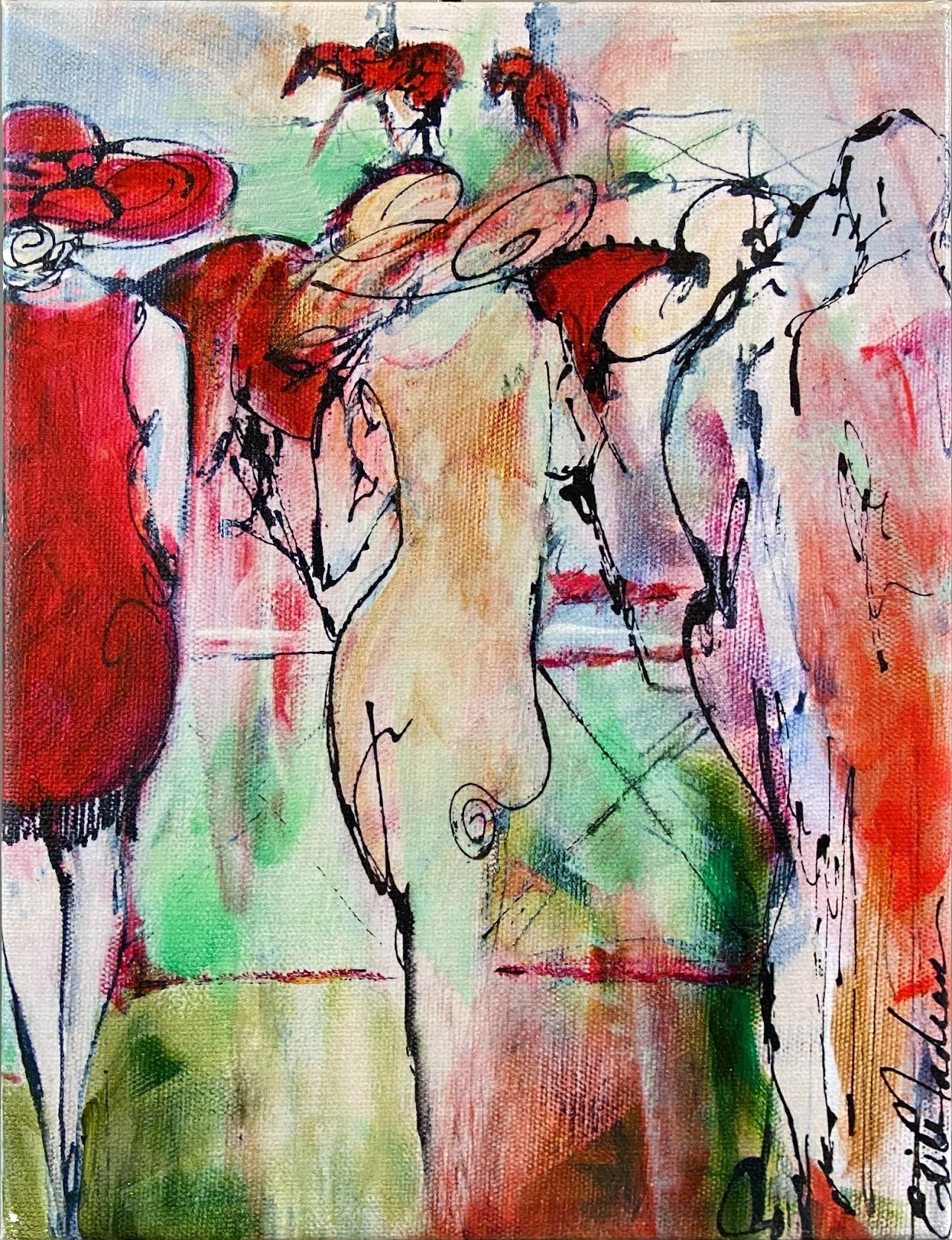 Abstract watercolor painting of nude female figures with red and green hues, drawn with loose black ink lines.