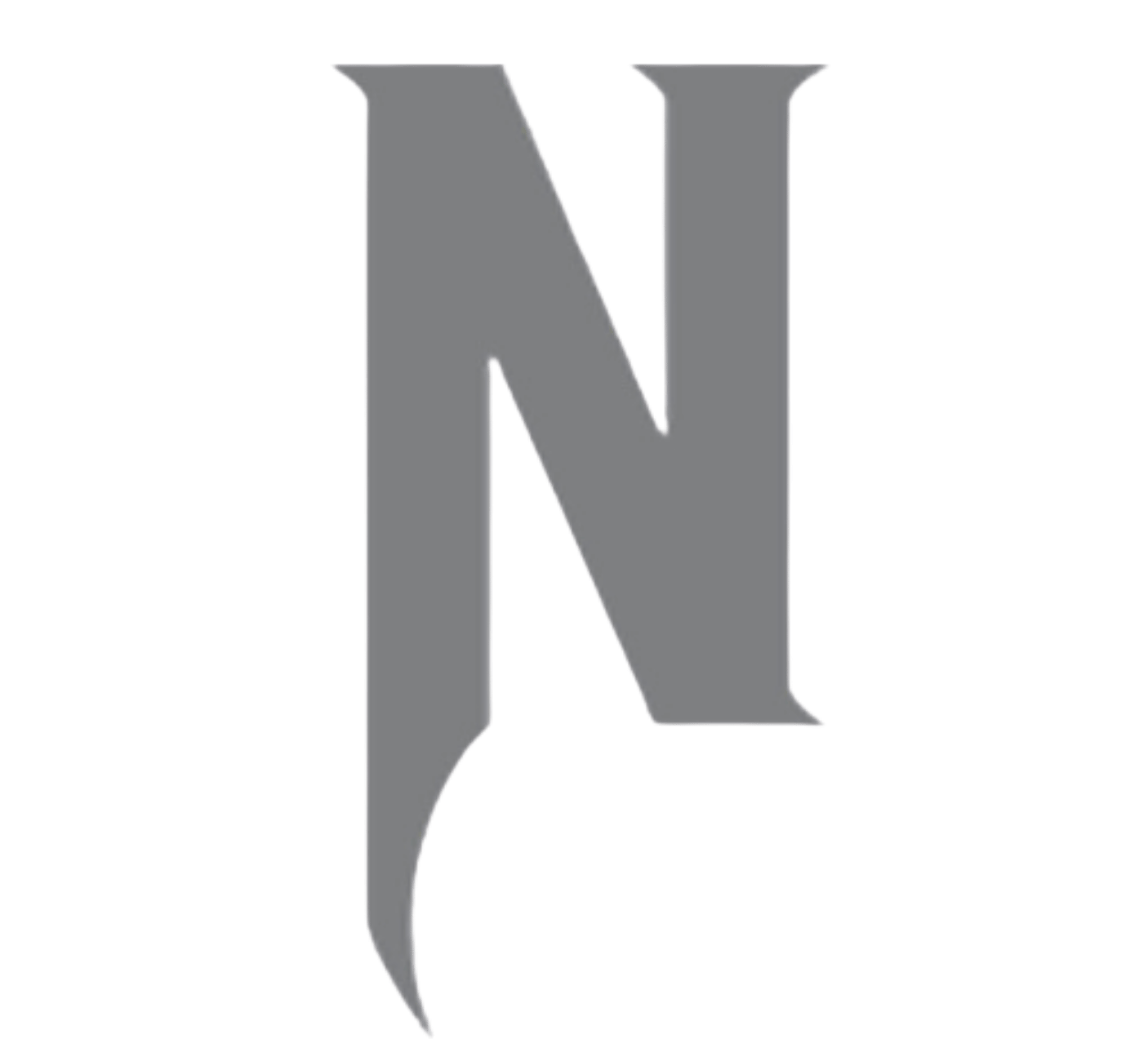 A large, stylized letter N in gray with a gothic font style on a black background.