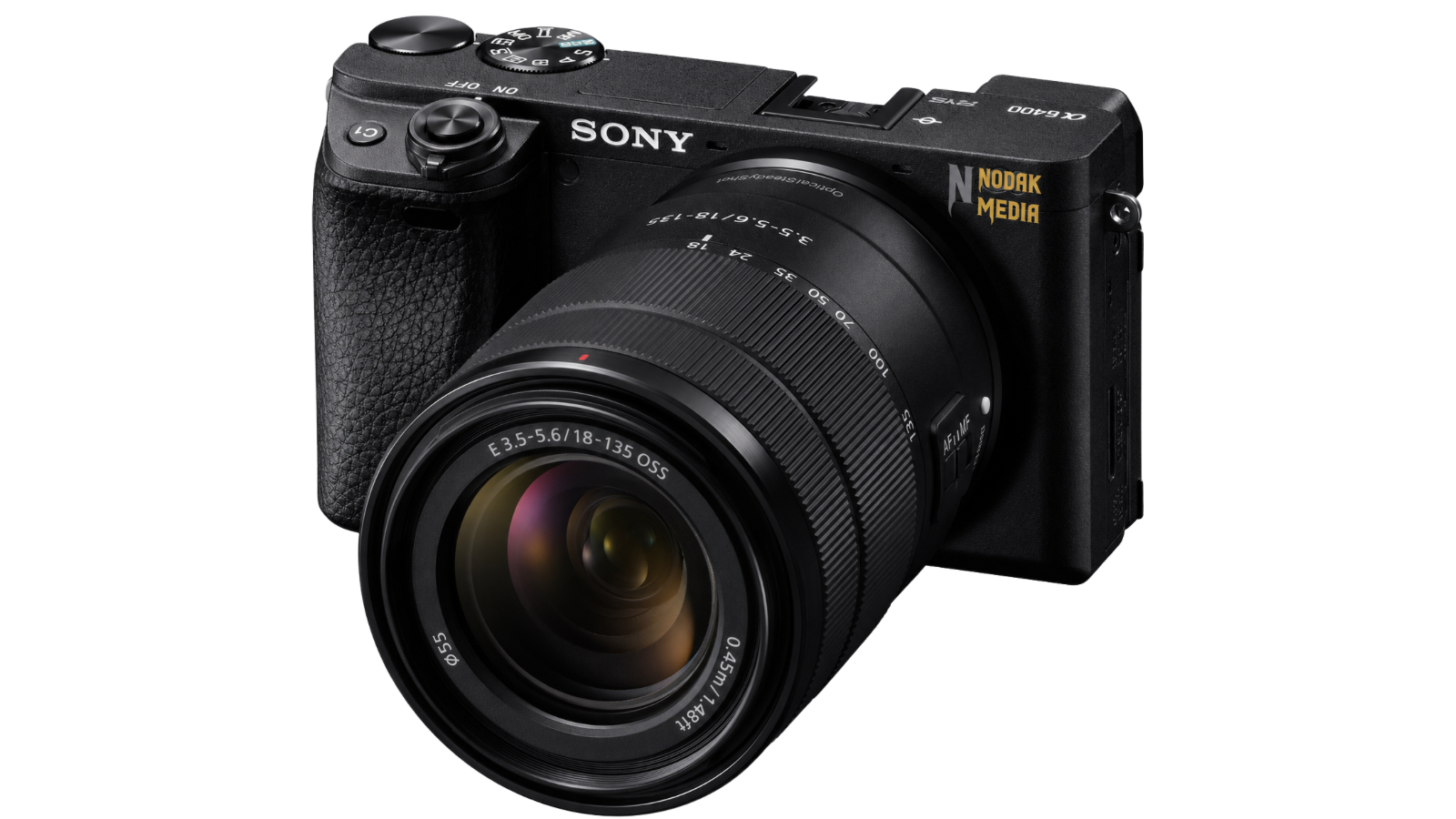 A black Sony digital camera with a large attached lens, featuring textured grip details.