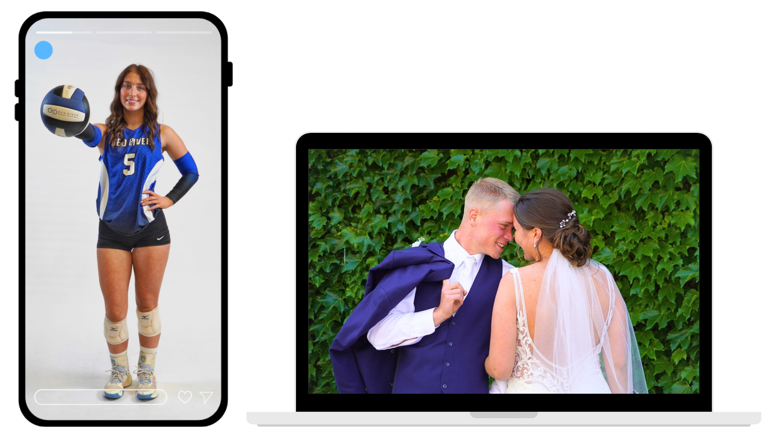 A young woman in volleyball uniform holding a volleyball, standing next to a laptop displaying a photo of a couple on their wedding day.