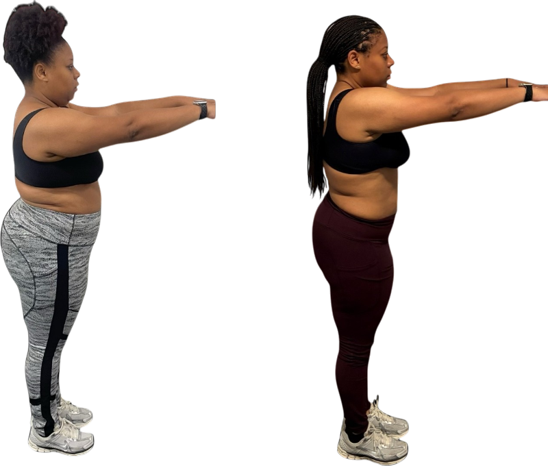 Two women standing side by side with arms extended forward, possibly engaging in a fitness or stretching exercise.