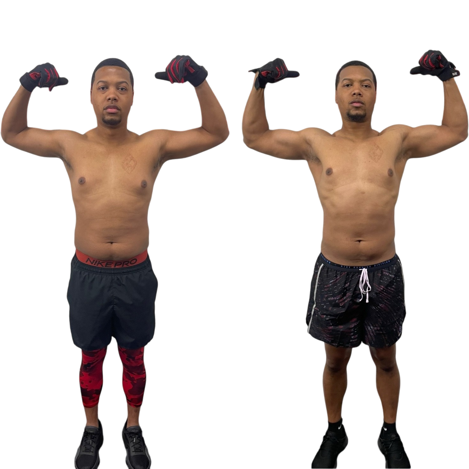 Two shirtless men standing side by side, flexing their arms. The man on the left is wearing black shorts with a red waistband and red leggings with a camouflage pattern. The man on the right is wearing black shorts with a pattern and black shoes. Both have gloves on and are looking at the camera.