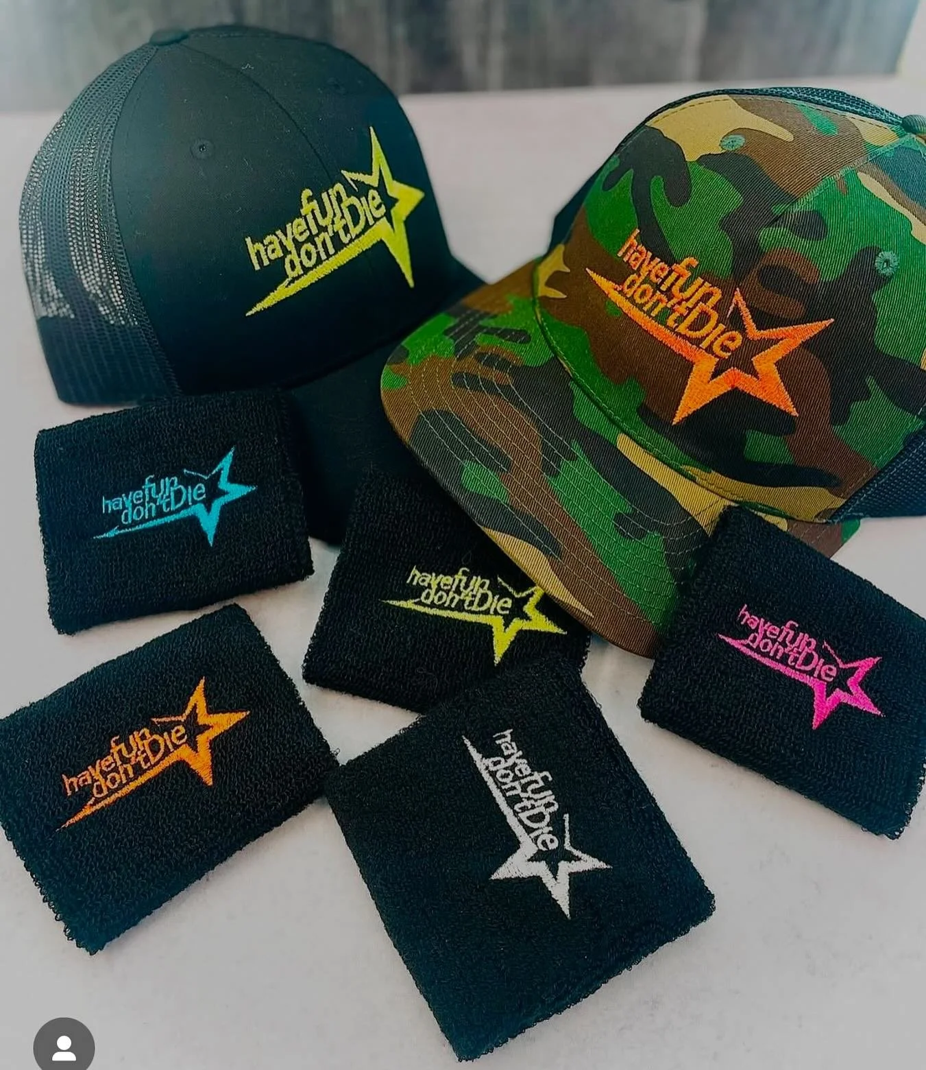 Cheeky little logo by @christophsandman stitched up by @bigworldpromotions on the undefeated Richardson 112 snapbacks and lil&rsquo; sweaties. #hfddband