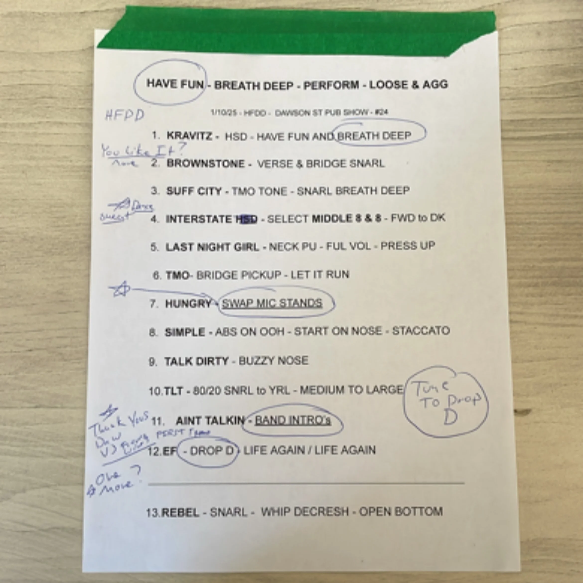 @boochzilla set list from Fri. All bangers. So sweaty. Rest later. I&rsquo;m not snarling - you&rsquo;re snarling! 1/10/25 @dawsonstreetpub #hfddband #rnfnr