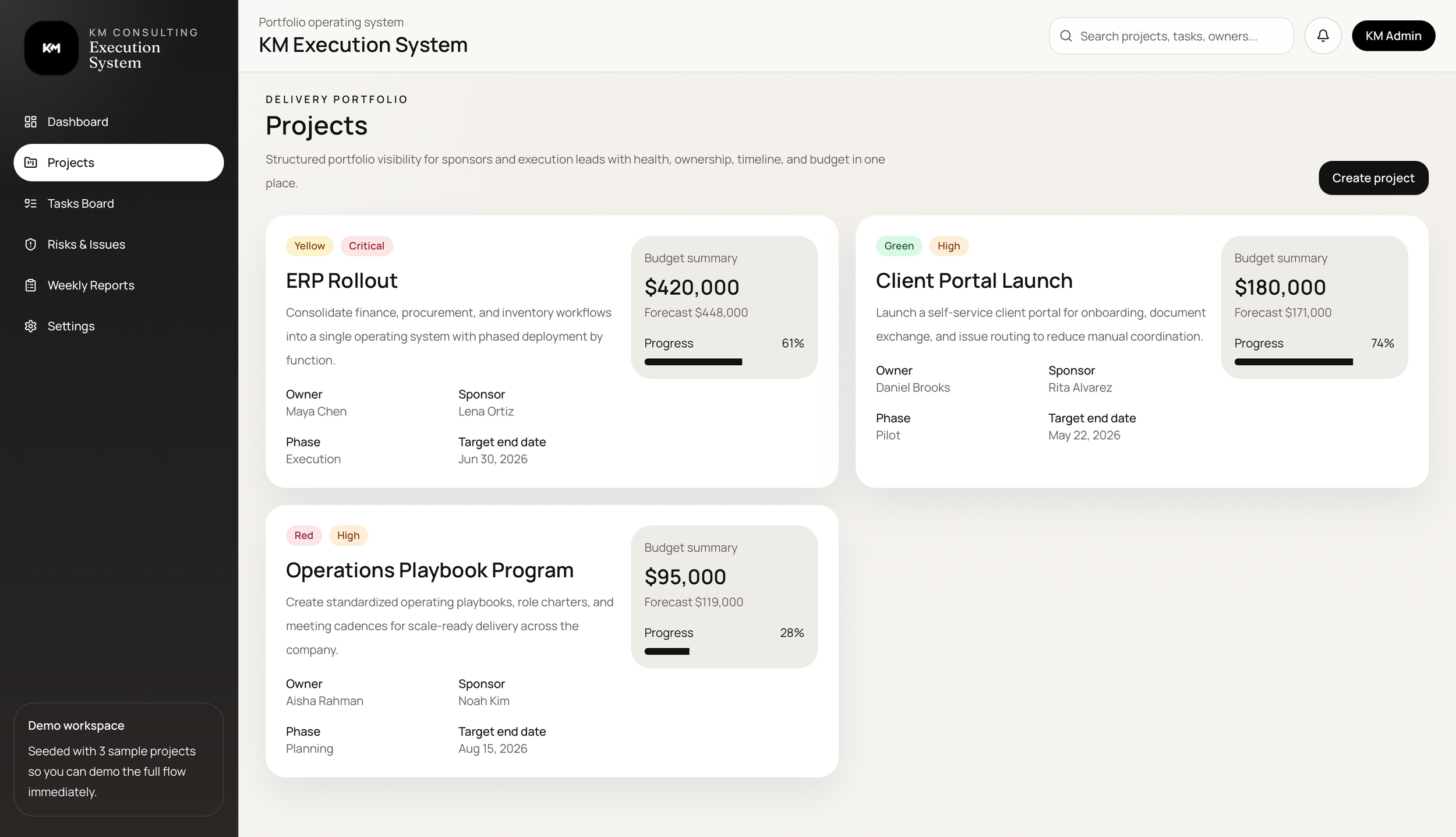 Screenshot of the KM Consulting KM Execution System project management dashboard showing three projects: ERP Rollout, Client Portal Launch, and Operations Playbook Program with their budgets, progress, owners, sponsors, phases, and target end dates.