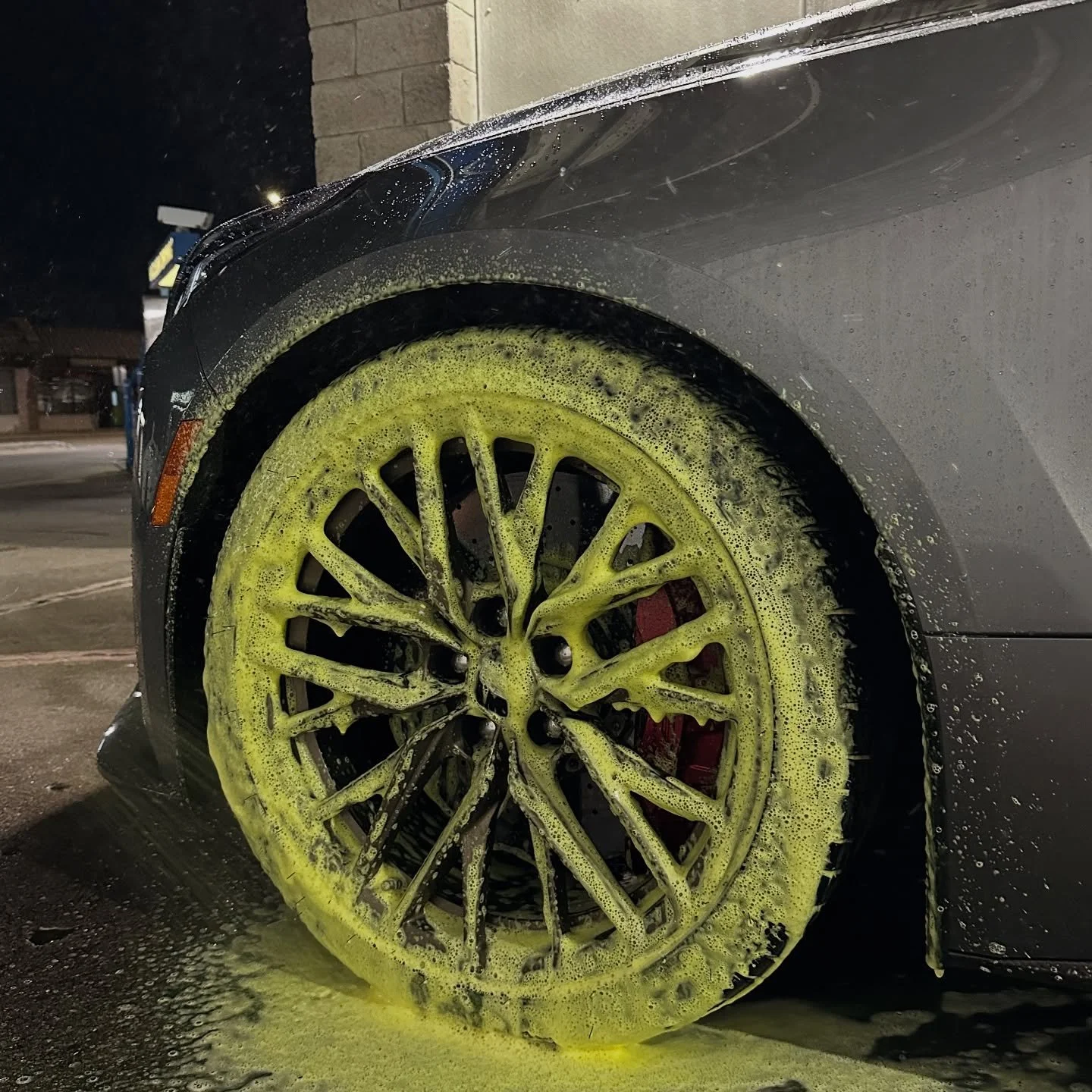 Grime doesn’t stand a chance. Our bright yellow tire cleaner breaks down dirt, brake dust, and road grime for wheels that shine like new. Visit our self-serve bays and get yours spotless today! 🚗✨ 
#carwash #cardetailing #cleancar #shinycars