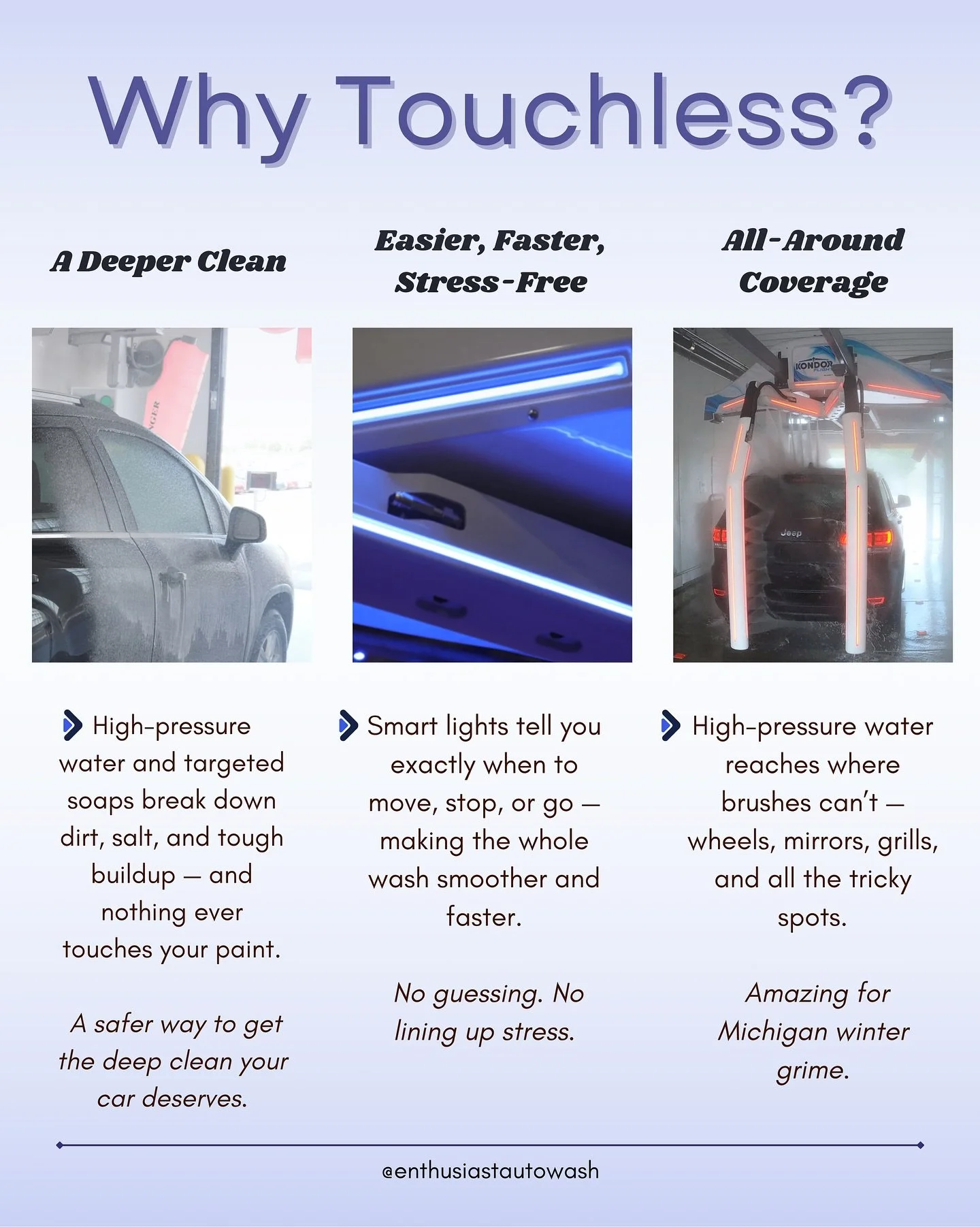 ✨COMING SOON: The Ultimate Touchless Wash! ✨

&rarr; Cleans every spot &mdash; dirt, salt, and grime, gone
&rarr; Safe on your paint &mdash; no brushes, no scratches
&rarr; Fast, easy, stress-free &mdash; just pull in and shine

Your car deserves a c