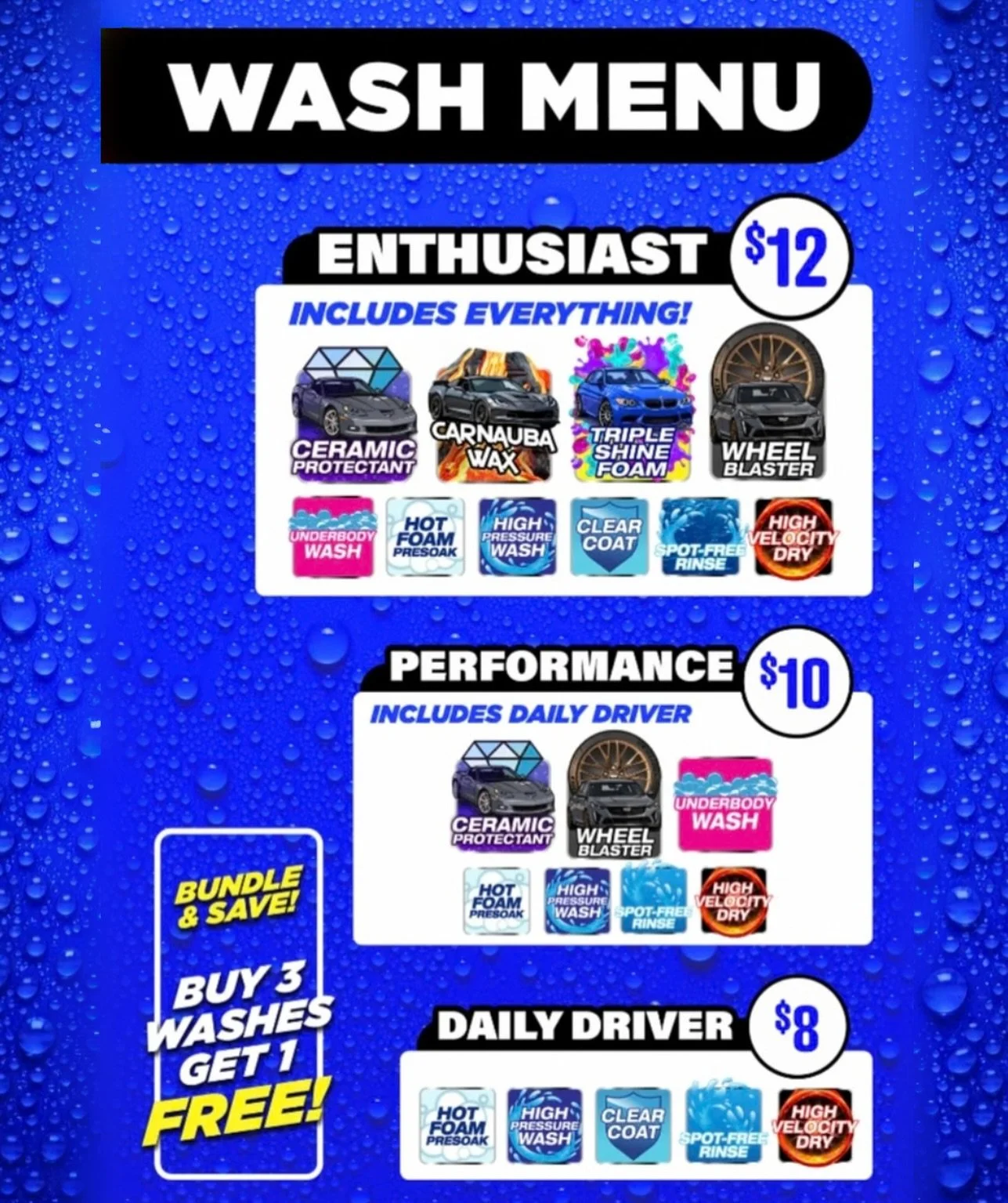 Our wash packages are here 🫧

Engineered for shine, designed for protection. From precision washes to advanced ceramic coating, every package brings out your car&rsquo;s full potential. 

✨ Grand Opening Special: Buy 3 washes, get 1 FREE

Come exper