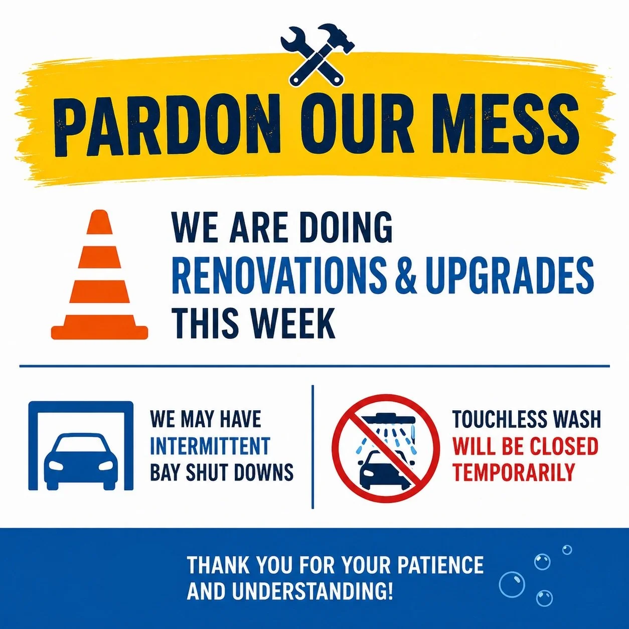We&rsquo;re making some exciting renovations and upgrades this week to improve your experience at Enthusiast Auto Wash! 🚙🧼

During this time, there may be intermittent bay shutdowns and our touchless wash will be temporarily closed.

We appreciate 