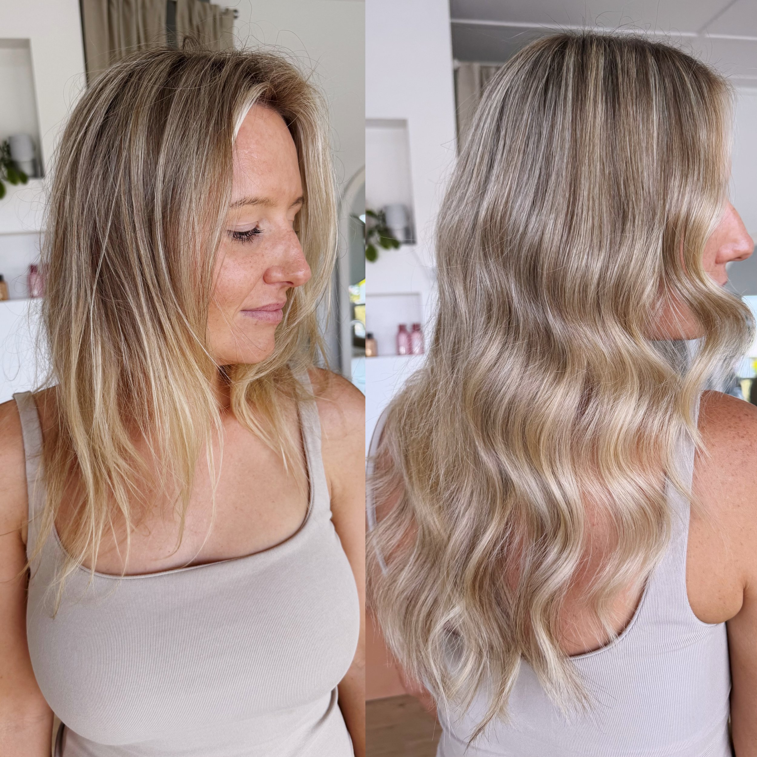 Lived in blonde with dimensional highlights by Plum Studio stylist. Keratin Bond Hair Extensions. Luxury Hair