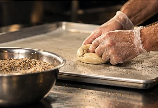 Hands wearing gloves forming Bagel dough on a metal baking sheet in a kitchen. A bowl of everything seasoning is sitting next to them.