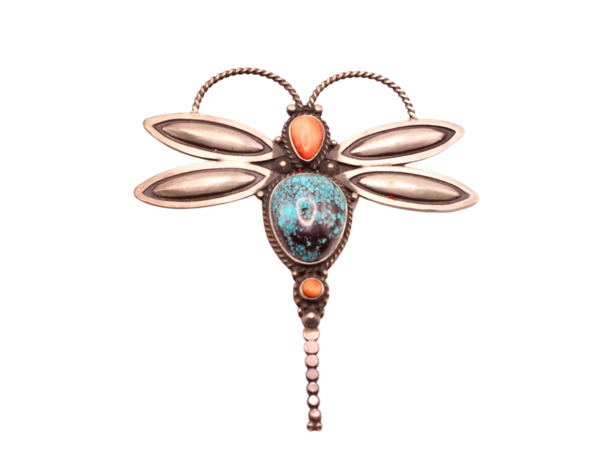 Herman Smith Turquoise and Coral Dragonfly Pin